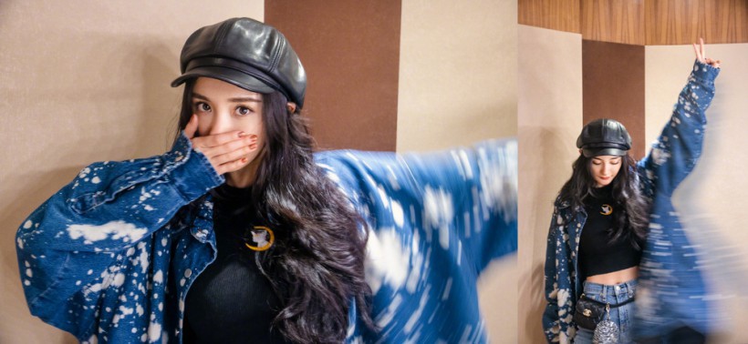 工作室晒出杨幂美照！身穿黑色紧身针织衫，外搭宽松牛仔外套，露出纤腰