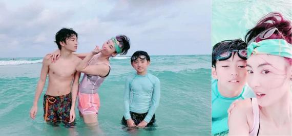 张柏芝晒出与儿子们度假画面，她与两个儿子在海边玩耍，还牵手漫步沙滩