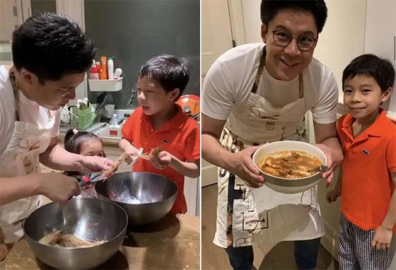 霍启刚分享自己与大儿子霍中曦做虾画面，父子俩很认真在用剪刀清理虾线