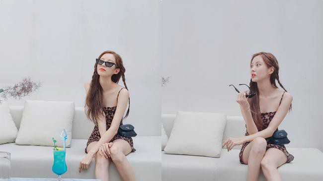 少女时代-徐贤晒新照清凉出镜，身穿性感豹纹吊带连衣裙，大秀修长美腿